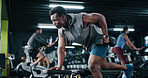 Fitness, bodybuilder or black man in center with dumbbell, endurance or bicep activity in weight training. Exercise, strength or athlete with equipment, intense workout or resilience in muscle gain.