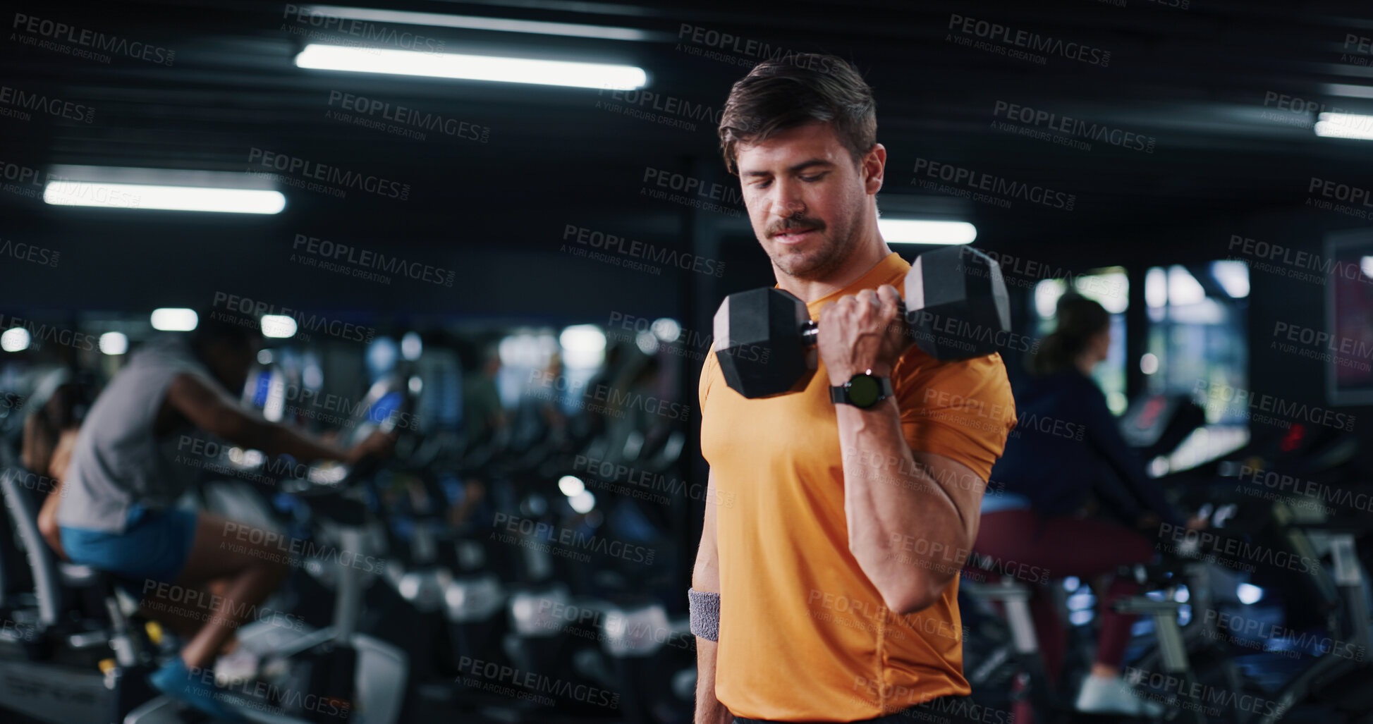 Buy stock photo Dumbbell, exercise and space with man in gym for bodybuilding, strength training or workout routine. Development, fitness and weightlifting with bodybuilder in health club for physical challenge