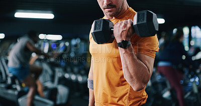 Buy stock photo Arm, fitness and weightlifting with man in gym for bodybuilding, strength training or workout routine. Dumbbell, exercise and space with bodybuilder person in health club for physical challenge
