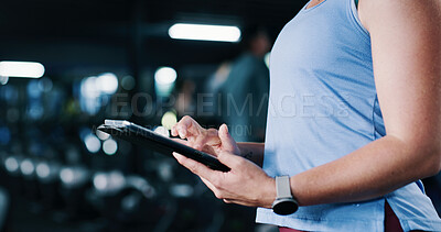 Buy stock photo Person, hands and scroll in gym with tablet, workout research and sign up for personal trainer program. Bokeh, woman and digital tech with exercise website, internet and registration for fitness app.
