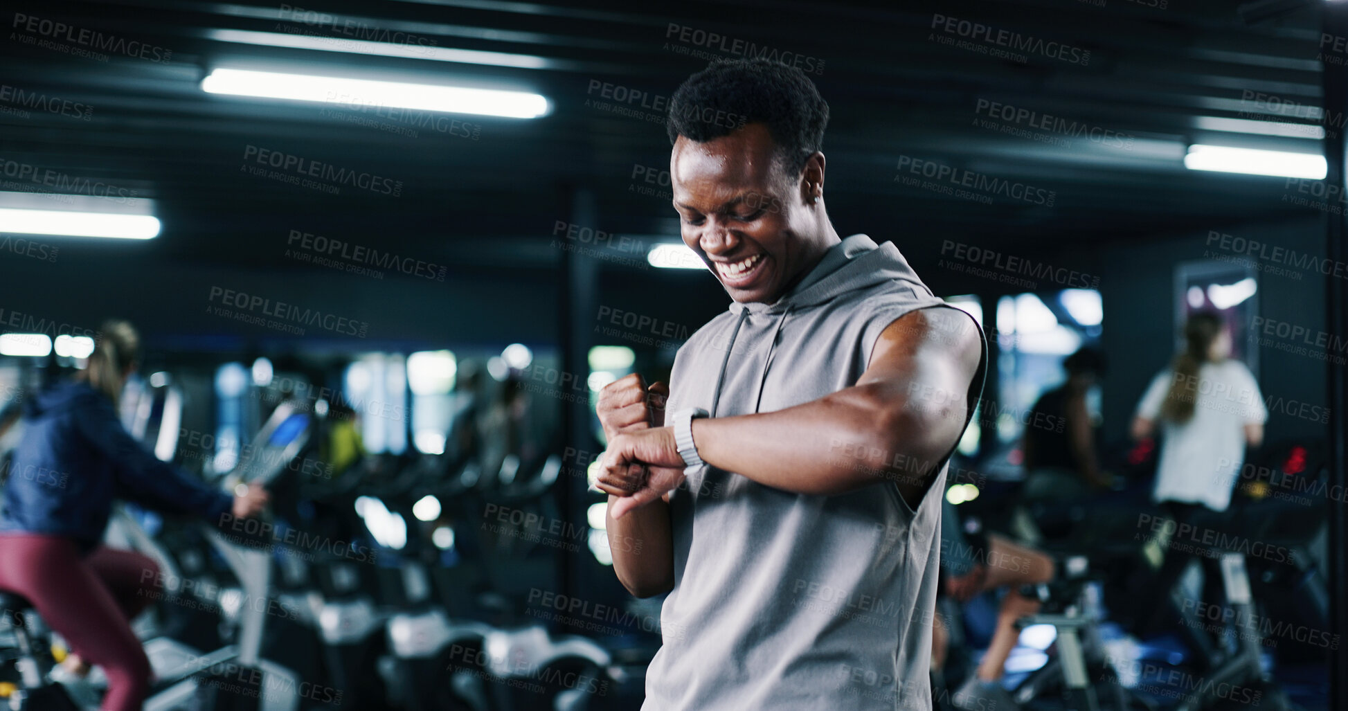 Buy stock photo Exercise, fits pump and watch with happy man in gym for performance tracking, results or satisfaction. Fitness, space and time with excited person in health club for celebration, success or target