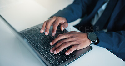 Buy stock photo Hands, person and typing on laptop in office for research, email client and finance report. Above, accountant and tech for company audit, budget planning and financial information of investment offer