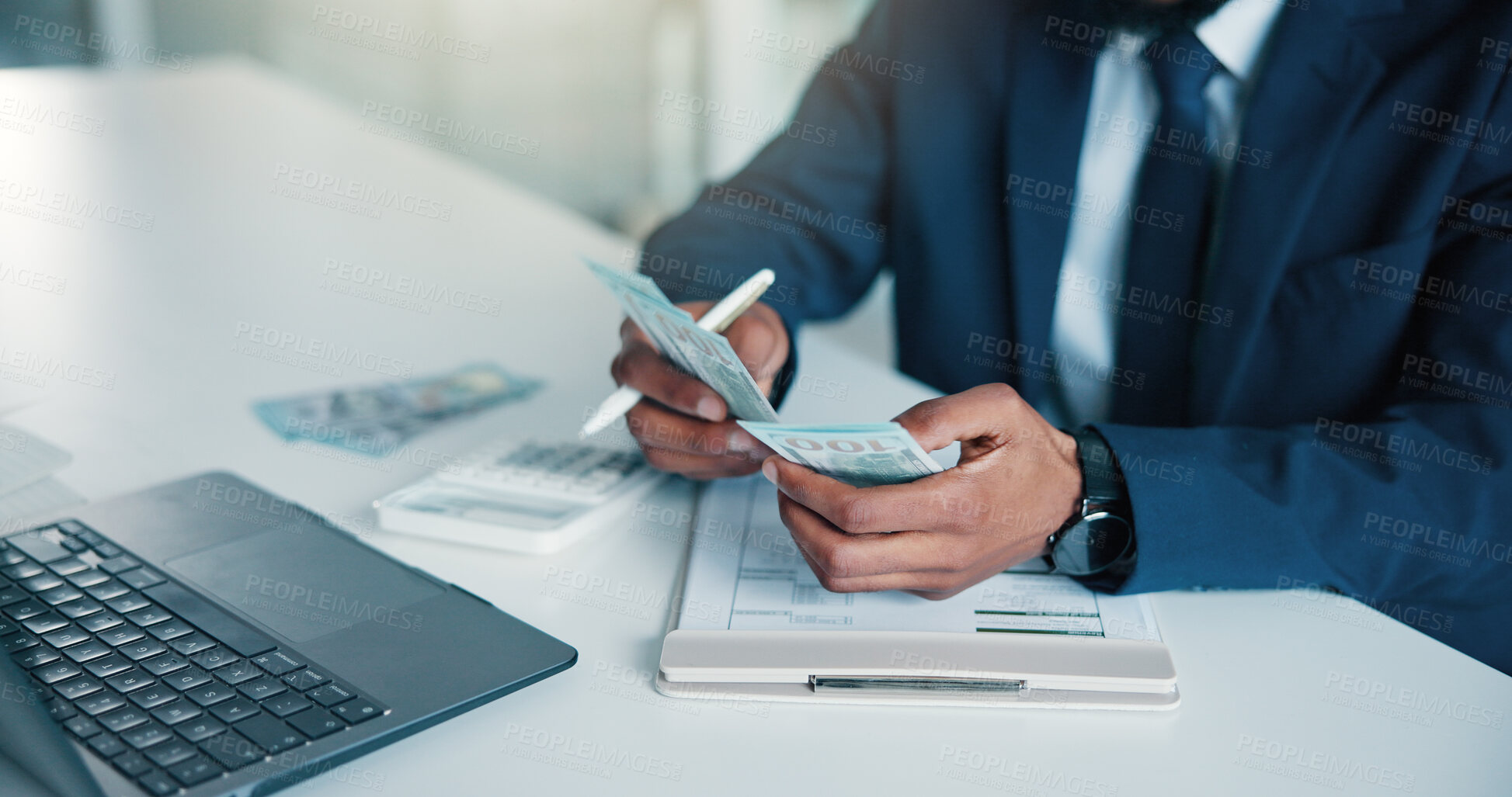 Buy stock photo Hands, business and man with money in office for accounting, audit process and finance checklist. Person, laptop and counting cash with clipboard to track expenses, financial management and budgeting