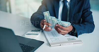 Buy stock photo Hands, person and calculate money in office for accounting, audit process and finance checklist. Accountant, cash and laptop with clipboard for tracking expenses, financial management and budgeting