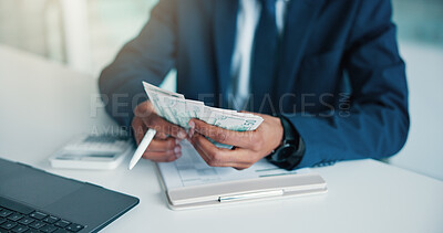 Buy stock photo Hands, man and calculate money in office for accounting, audit process and finance checklist. Person, laptop and counting cash with clipboard for tracking expenses, financial management and budgeting