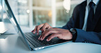 Hands, business and person typing on laptop for research, email client and finance report. Bokeh, accountant and tech for company audit, budget planning and financial bookkeeping for investment offer