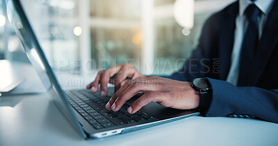 Buy stock photo Hands, business and person typing on laptop for research, email client and finance report. Bokeh, accountant and tech for company audit, budget planning and financial bookkeeping for investment offer