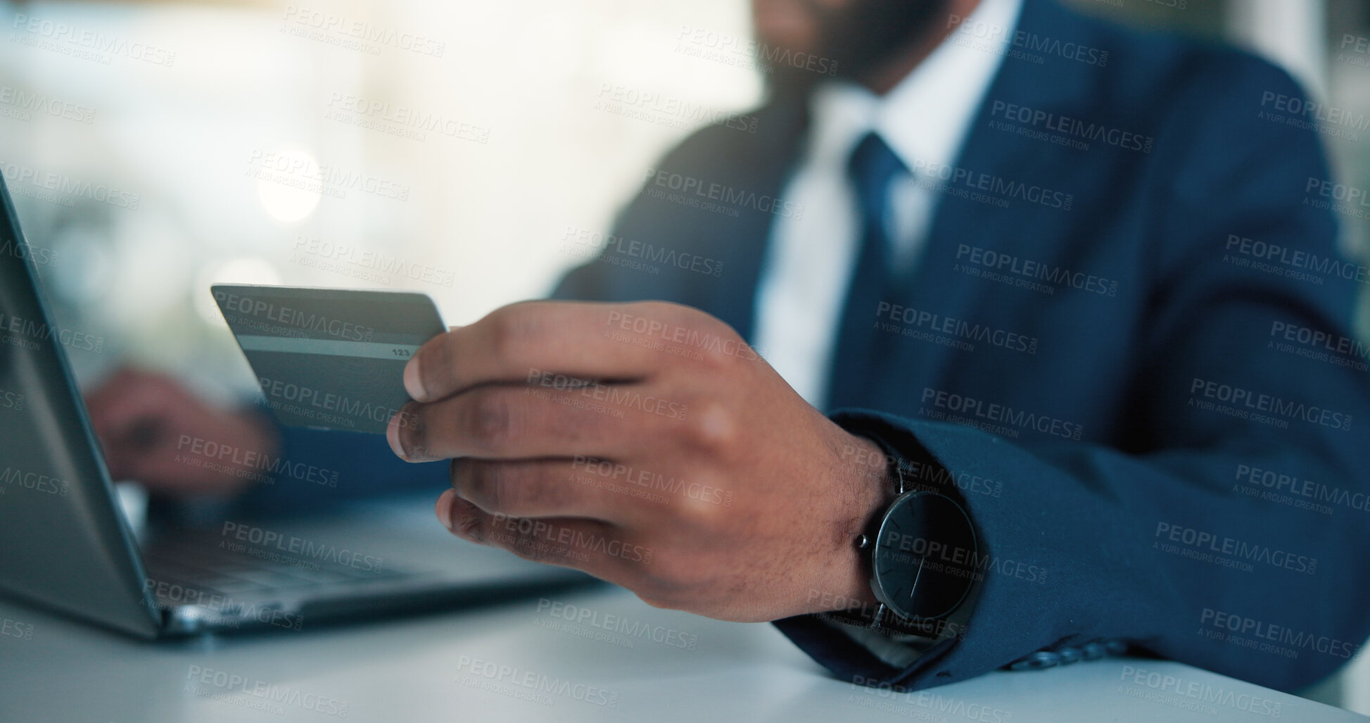 Buy stock photo Credit card, hands and man with laptop for fintech, password and online transactions Closeup, investor and person in office, pc and banking for purchase, trading money and payment for ecommerce