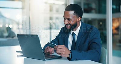 Buy stock photo Credit card, laptop and black man in office, smile and fintech with password, trading money or banking. Happy, investor or person with pc, savings or purchase with profit growth, payment or ecommerce