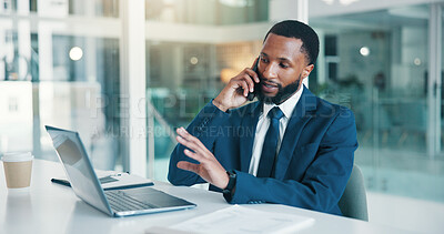 Buy stock photo Office, employee and man with laptop, phone call and consultation for financial advice or discussion. Business, wealth management and black person with mobile for chat, online and smile with tech
