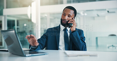 Buy stock photo Office, phone call and man with laptop, talking and consultation for financial advice or discussion. Business, wealth management and black person with mobile for chat, online and smile with tech