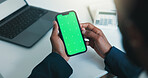 Hands, phone and green screen in office with financial review, mobile app and feedback in insurance agency. Person, broker and smartphone with mock up space, contact and risk management at company