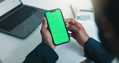 Buy stock photo Hands, phone and green screen in office with financial review, mobile app and feedback in insurance agency. Person, broker and smartphone with mock up space, contact and risk management at company