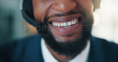 Buy stock photo Mouth, headset and smile at office, call center and contact us for legal advisory services at agency. Person, consultant and happy with voip microphone, support and help desk with career at law firm