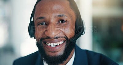 Buy stock photo Black man, headset and smile at office, call center and contact us for legal advisory services at agency. Person, consultant and happy with voip mic, support and help desk at law firm in Nigeria