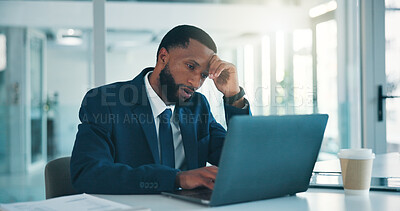Buy stock photo Black man, headache and laptop at office, frustrated and exhausted with investment at financial company. African person, broker and computer with stress, migraine and burnout with pain at agency