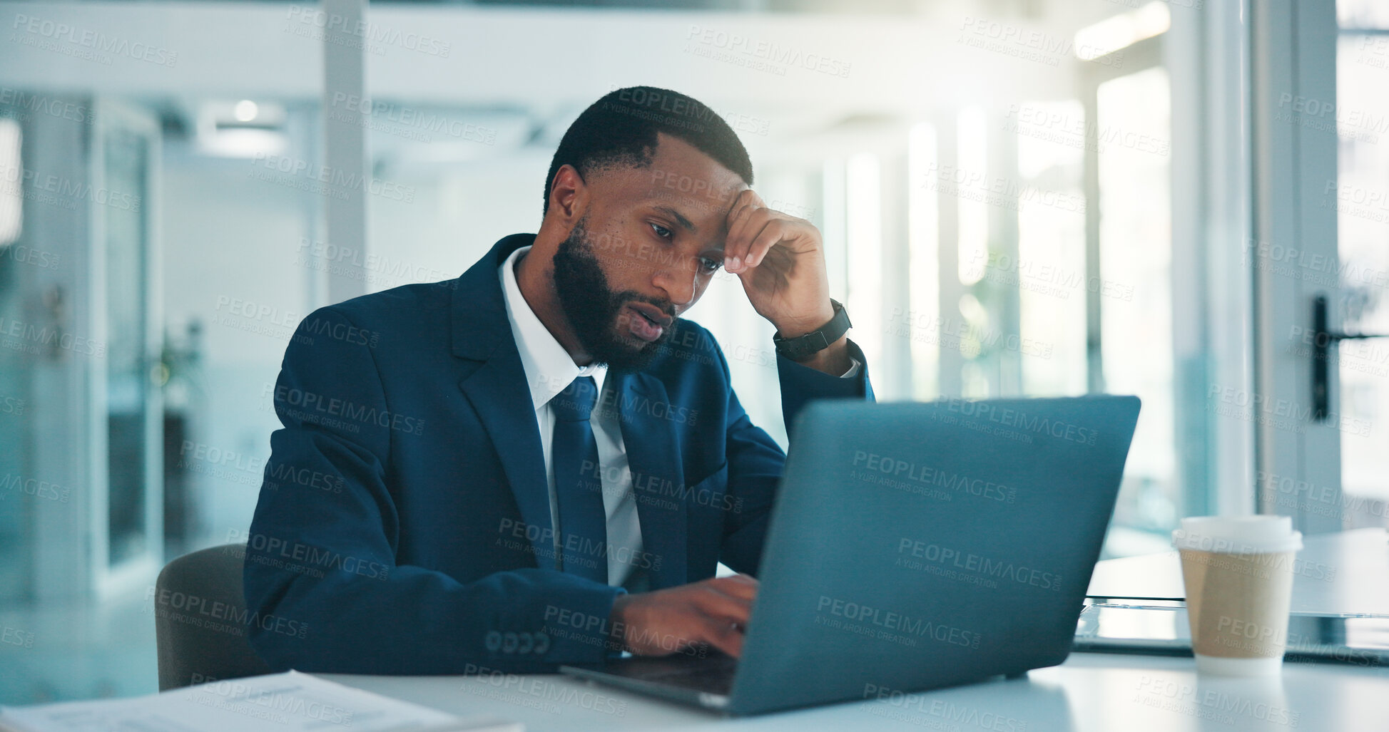 Buy stock photo Black man, headache and laptop at office, frustrated and exhausted with investment at financial company. African person, broker and computer with stress, migraine and burnout with pain at agency