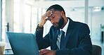 Black man, headache and laptop at office, stress or exhausted with investment in financial company. African person, broker and advisor with computer for migraine, burnout or tired with pain at agency