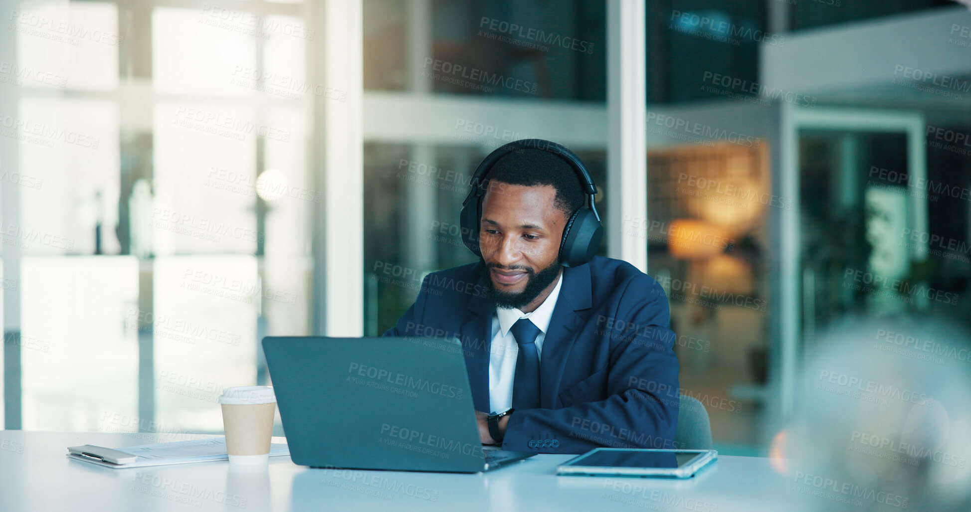 Buy stock photo Headphones, laptop and black man in office with music for finance project with budget planning. Podcast, happy and African male financial manager with computer for investment proposal with email.