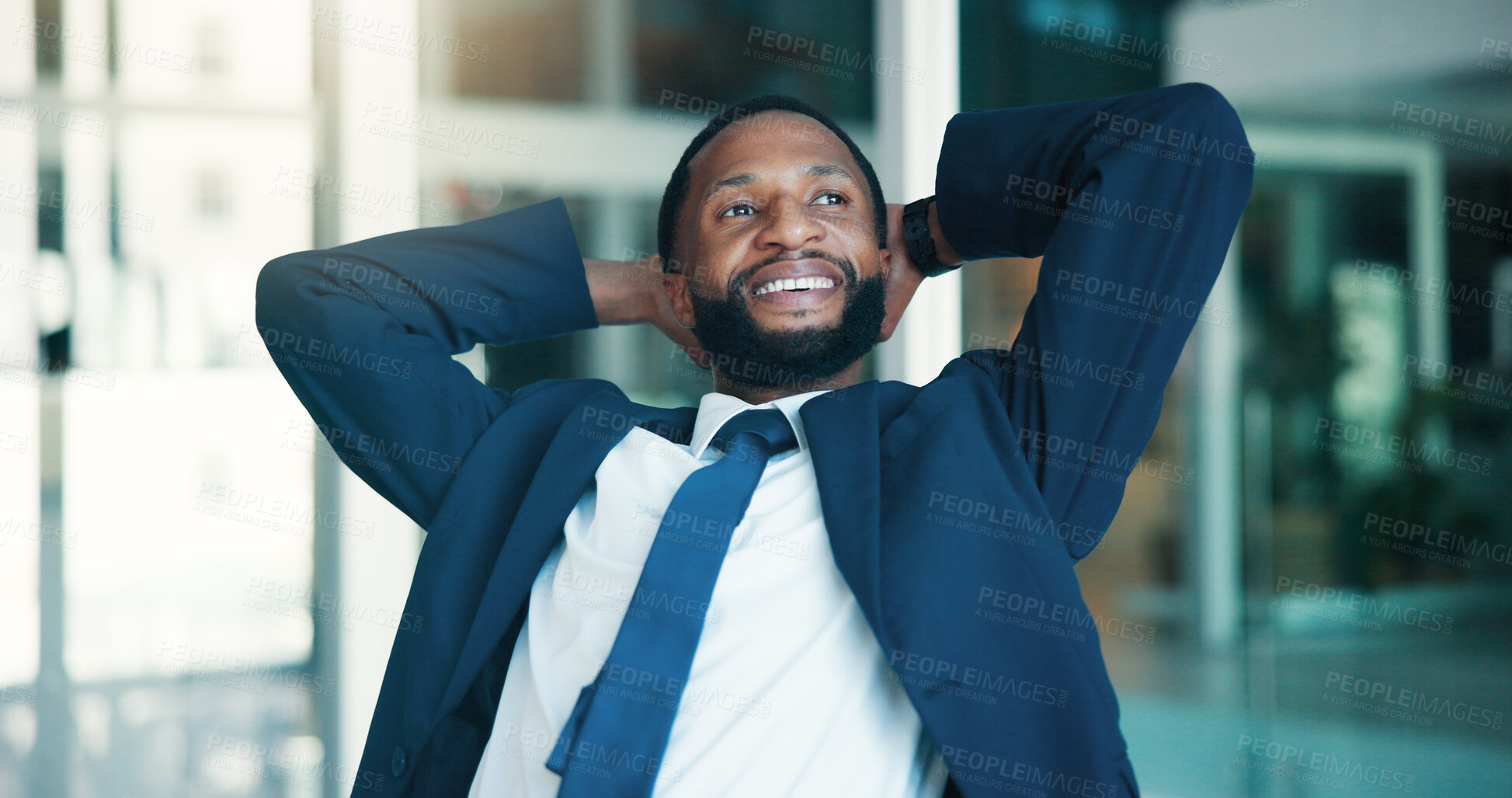 Buy stock photo Businessman, happy and stretching in office, think and accountant with complete assignment or relax. Corporate, bookkeeper and black person with smile for finished financial project and reflection