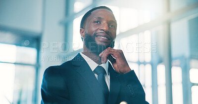 Buy stock photo Investor, thinking and black man in office, solution and confidence for business planning. African person, ideas or financial advisor with wonder, problem solving or contemplation for investment deal