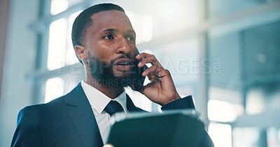 Buy stock photo Office, phone call and man with tablet, talking or discussion for wealth management and consultation. Business, financial advisor and black person with mobile for chat, serious and research with tech