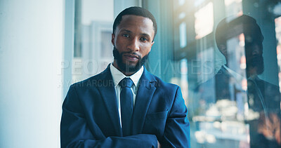Buy stock photo Lawyer, portrait or black man in office with arms crossed, pride or experience as corporate advocate. Serious, career or attorney at law firm with confidence, about us or profession as legal advisor.