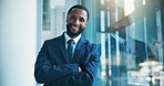 Lawyer, portrait or black man in office with arms crossed, pride or experience as corporate advocate. Happy, career or attorney at law firm with confidence, about us and profession as legal advisor.