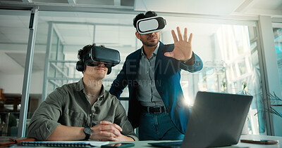 Buy stock photo Team, laptop and business men with vr in office for user interface, online website and cyberspace. Collaboration, virtual reality and people with headset for ai software, metaverse and networking