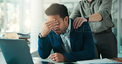 Buy stock photo Man, crying and comfort in office, stress and thinking of unemployment, unhappy and financial crisis. Employee, sad and person with depression for job loss and coworker with empathy for dismissal