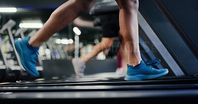 Buy stock photo Legs, athlete and running on treadmill at gym for cardio exercise, burning calories and weightloss. People, fitness and runner on machine for agility training, speed development or muscle performance