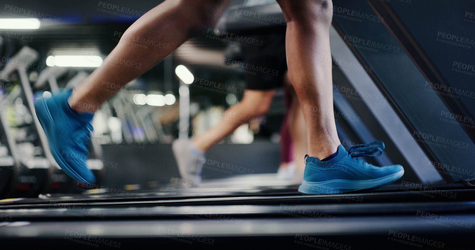 Buy stock photo Legs, athlete and running on treadmill at gym for cardio exercise, burning calories and weightloss. People, fitness and runner on machine for agility training, speed development or muscle performance