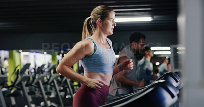 Buy stock photo Running, training and woman on treadmill in gym, workout and endurance for fitness with challenge. Cardio machine, health and person in exercise club for sports, energy and practice for wellness
