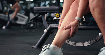 Buy stock photo Exercise, fitness and leg pain with person in gym for training accident or workout mistake. Calf injury, discomfort and space with woman in health club for condition, fatigue or inflammation