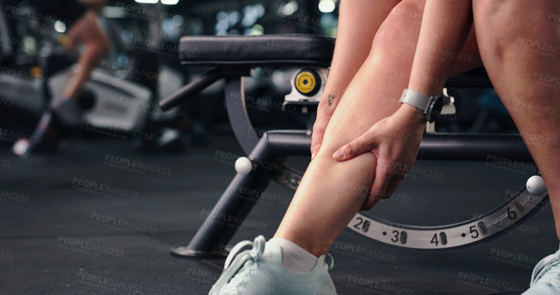 Buy stock photo Exercise, fitness and leg pain with person in gym for training accident or workout mistake. Calf injury, discomfort and space with woman in health club for condition, fatigue or inflammation