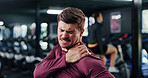 Athlete, man and sore with shoulder pain at gym of fitness injury, muscle fatigue and burnout. Male person, strain and pressure from fibromyalgia, physical discomfort and tendinitis with joint cramps
