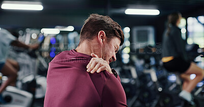 Buy stock photo Back, man and discomfort with shoulder pain at gym of fitness injury, muscle fatigue and burnout. Male person, inflammation and strain of fibromyalgia, herniated disc and tendinitis with joint cramps