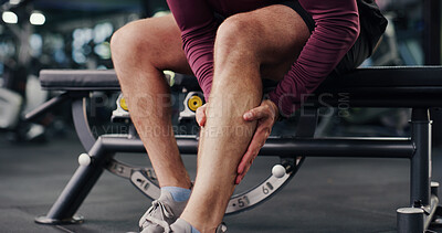 Buy stock photo Fitness, hands and man on gym with calf pain, injury or accident for workout with inflammation. Osteoporosis, hurt and legs of male person in sports center with muscle bruise  or joint sprain.