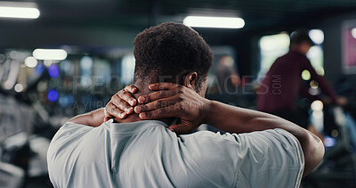 Buy stock photo Back, athlete and man with neck pain at gym of fitness injury, muscle fatigue and burnout. Male person, strain and inflammation from fibromyalgia, physical discomfort and joint cramps of tendinitis