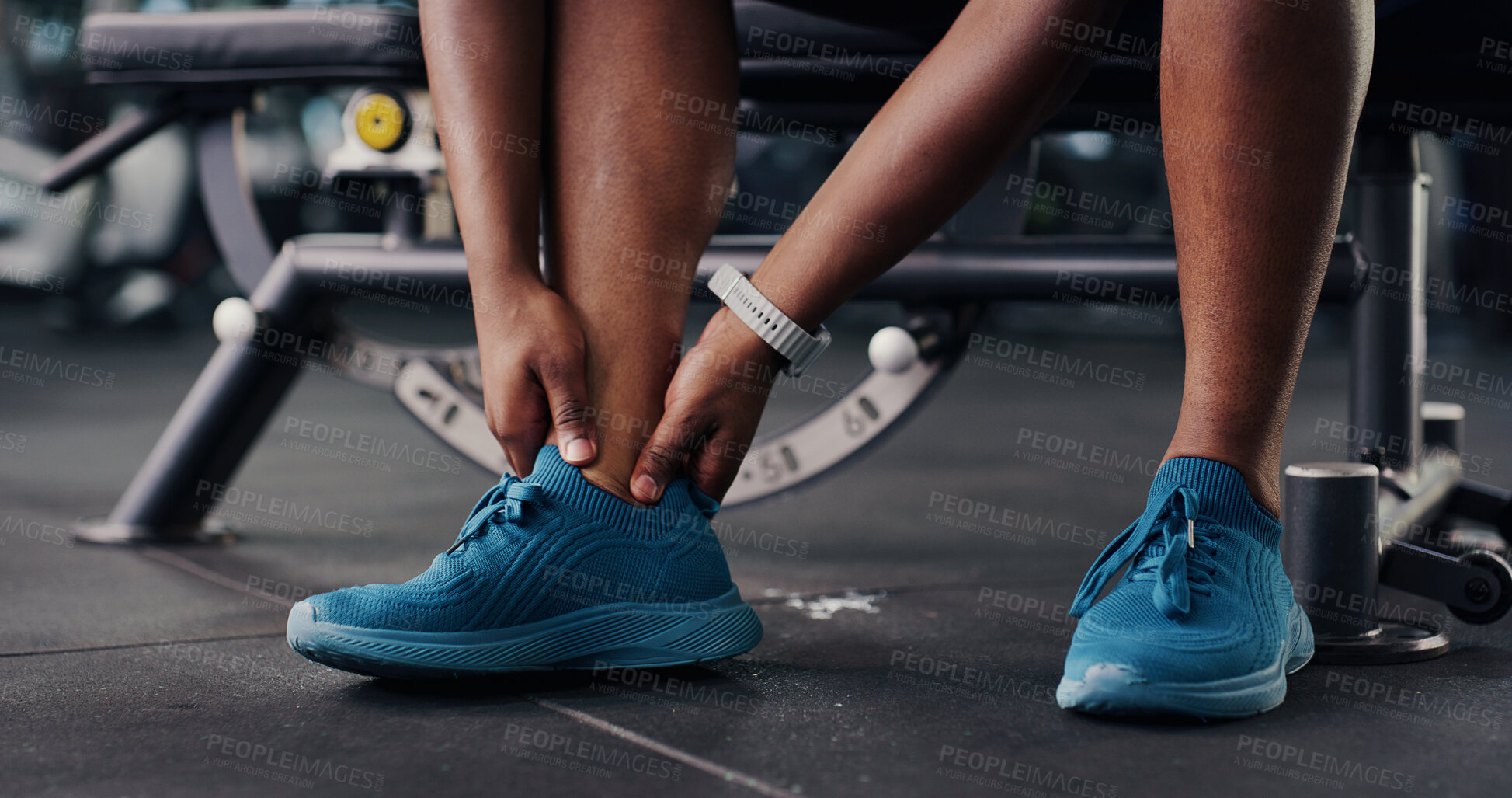 Buy stock photo Fitness, legs and man on gym with ankle pain, injury or accident for workout with inflammation. Osteoporosis, hurt and hands of male person in sports center with muscle bruise or joint sprain.