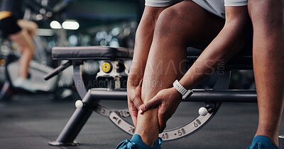 Buy stock photo Sports, hands and man at gym with ankle pain, injury or accident for workout with inflammation. Osteoporosis, hurt and legs of male person in sports center with muscle bruise  or joint sprain.