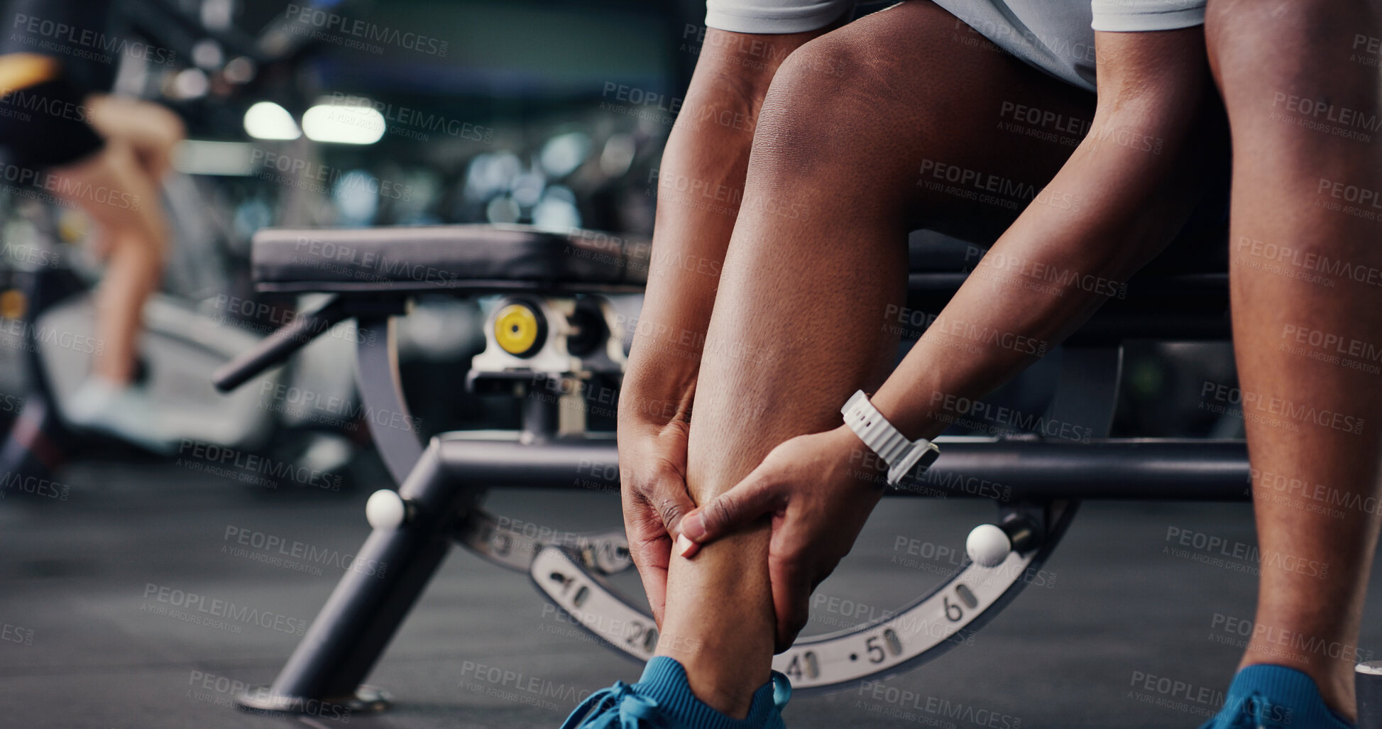 Buy stock photo Sports, hands and man at gym with ankle pain, injury or accident for workout with inflammation. Osteoporosis, hurt and legs of male person in sports center with muscle bruise  or joint sprain.