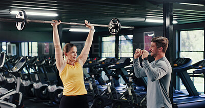 Buy stock photo Fitness, instructor or people in center with barbell, guidance or help in weightlifting. Exercise, advice or personal trainer with equipment, bodybuilding coach or assistance in muscle development.