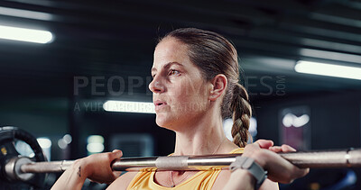 Buy stock photo Woman, fitness and weightlifting with barbell in gym for strength exercise, arm workout or power. Active, female person or lifting with weight for intense training or bodybuilding in health club