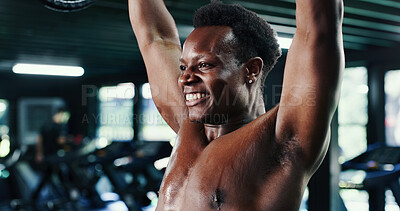 Buy stock photo Happy man, weightlifting and gym with barbell for strength exercise, arm workout or power. Fitness, male person or lifting with weight or sweat for intense training or bodybuilding in health club