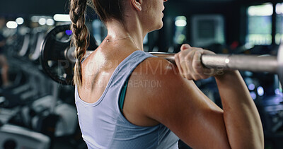 Buy stock photo Back, barbell and weightlifting with woman in gym for strength training or workout routine. Bodybuilding, exercise and fitness with sweaty person in health club for challenge or physical improvement