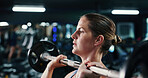 Fitness, sweat and weightlifting with woman in gym for strength training or workout routine. Bodybuilding, exercise and power with strong person in health club for challenge or physical improvement