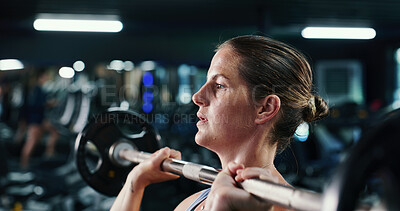 Buy stock photo Fitness, sweat and weightlifting with woman in gym for strength training or workout routine. Bodybuilding, exercise and power with strong person in health club for challenge or physical improvement