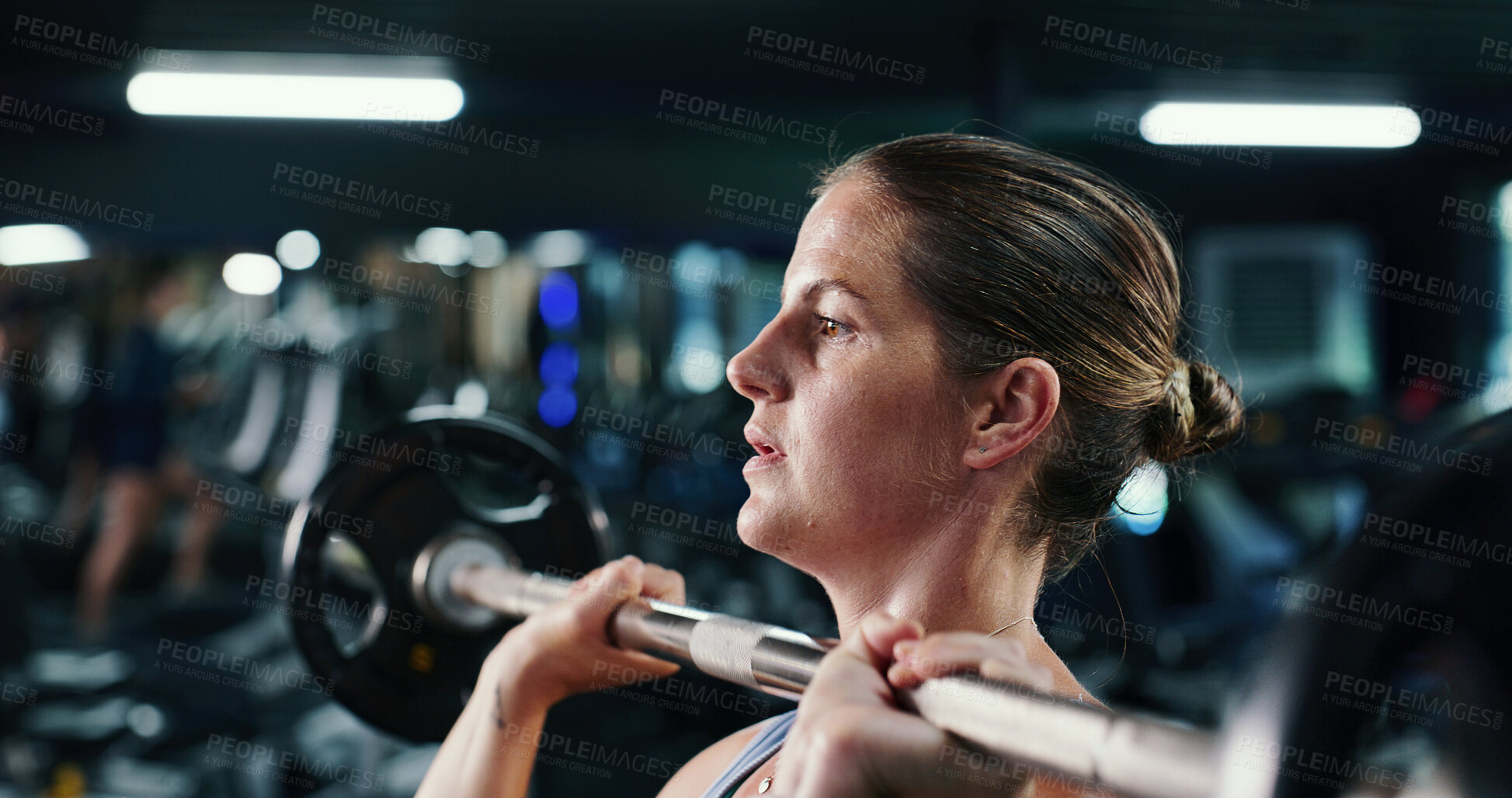 Buy stock photo Fitness, sweat and weightlifting with woman in gym for strength training or workout routine. Bodybuilding, exercise and power with strong person in health club for challenge or physical improvement