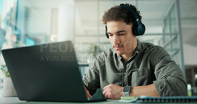 Buy stock photo Headphones, laptop and businessman in office with music for creative project with research. Computer, audio tech and male magazine editor with playlist for article with publishing in workplace.
